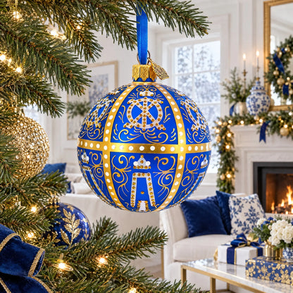 1896 Twelve Monograms Royal Blue Glass Ball Christmas Ornament 3.25 Inches