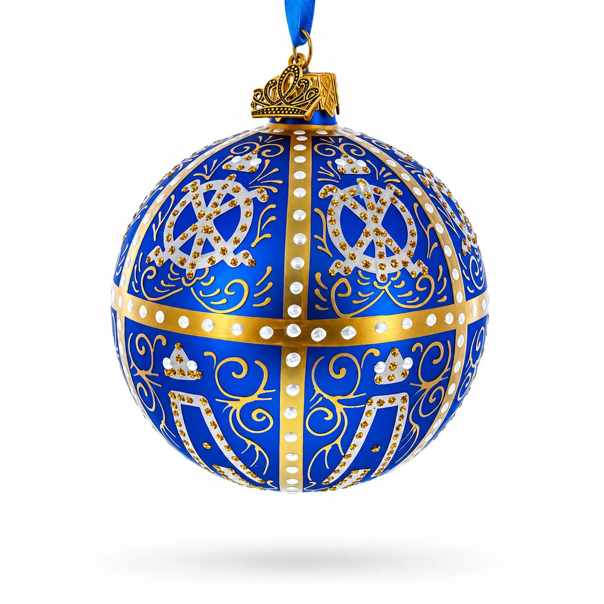 1896 Twelve Monograms Royal Blue Glass Ball Christmas Ornament 3.25 Inches