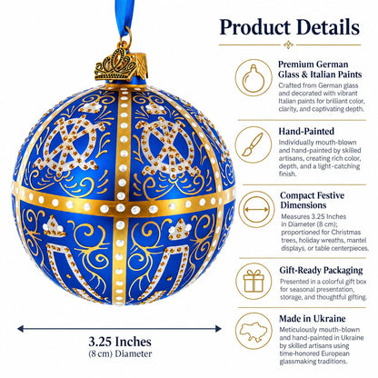 1896 Twelve Monograms Royal Blue Glass Ball Christmas Ornament 3.25 Inches