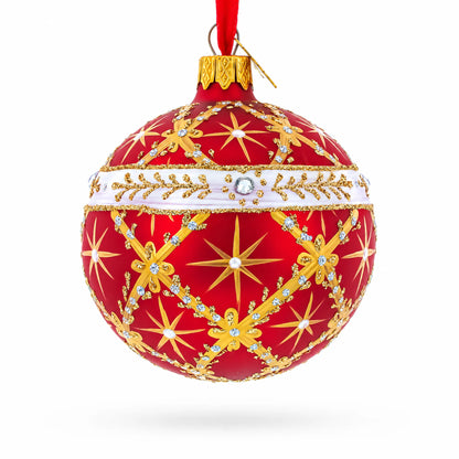 Diamond Trellis on Red Glass Ball Christmas Ornament 3.25 Inches