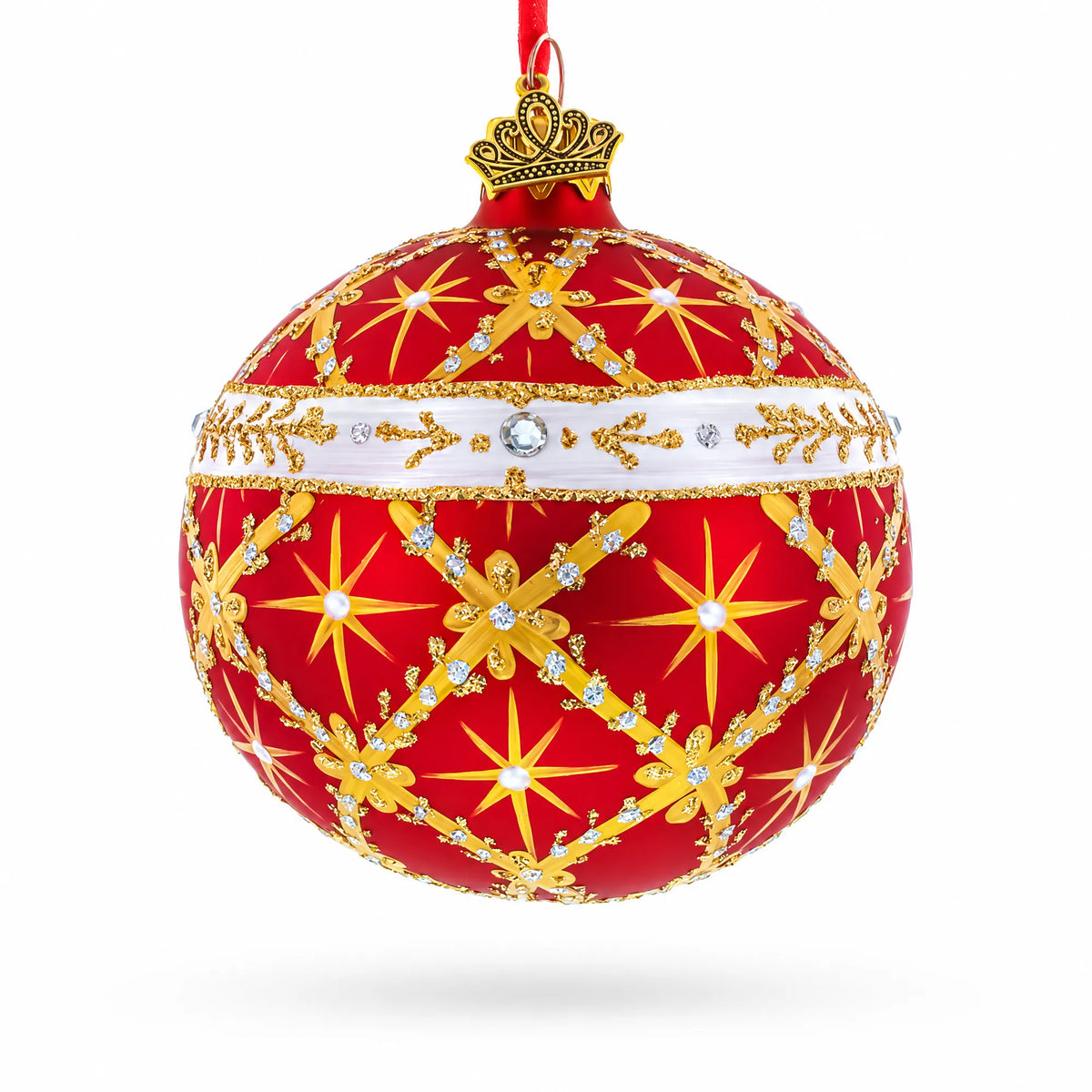 Diamond Trellis on Red Glass Ball Christmas Ornament 3.25 Inches