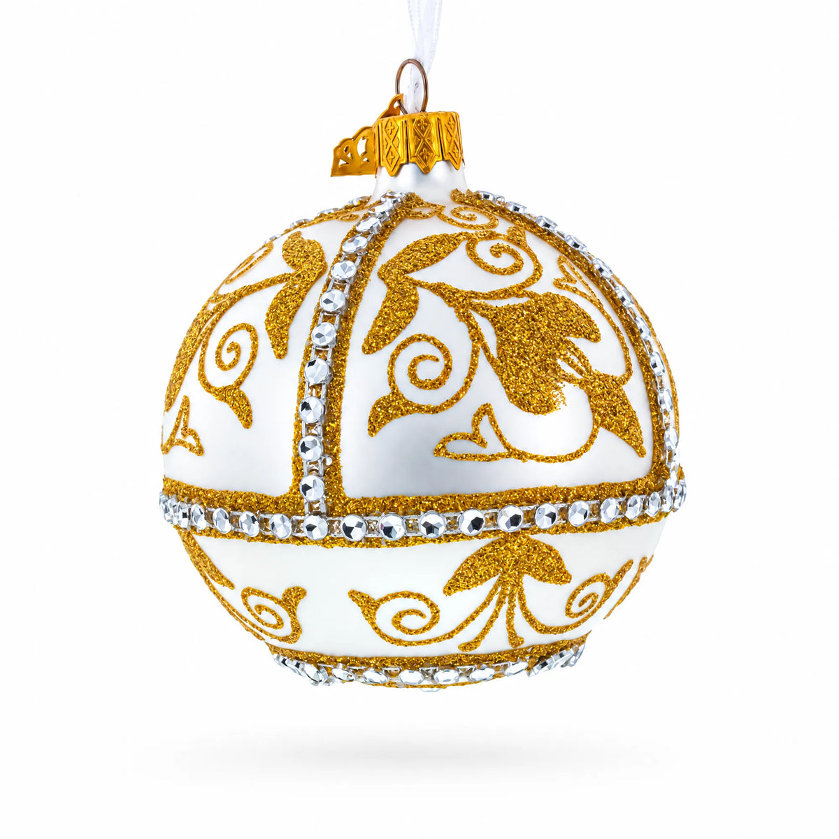 Jeweled Golden Chandelier on Silver Glass Ball Christmas Ornament 3.25 Inches