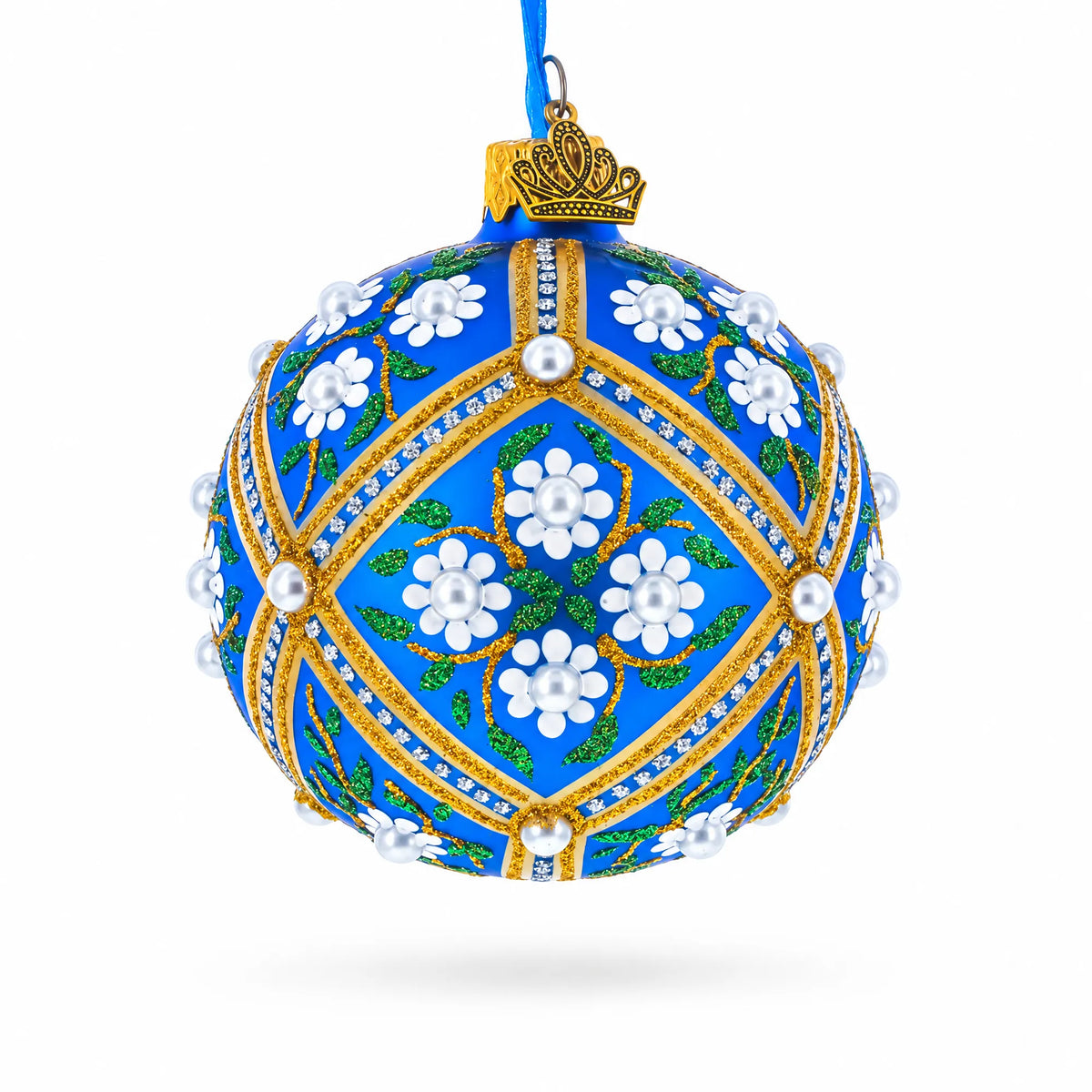 White Flowers on Blue Glass Ball Christmas Ornament 3.25 Inches