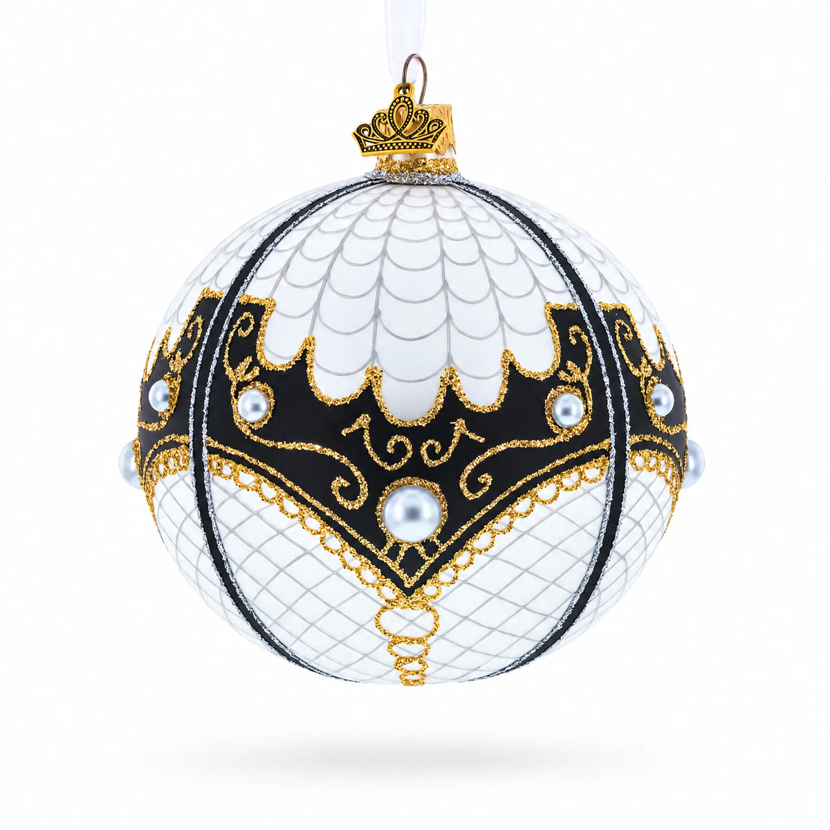 Mother Of Pearl on White Glass Ball Christmas Ornament 4 Inches