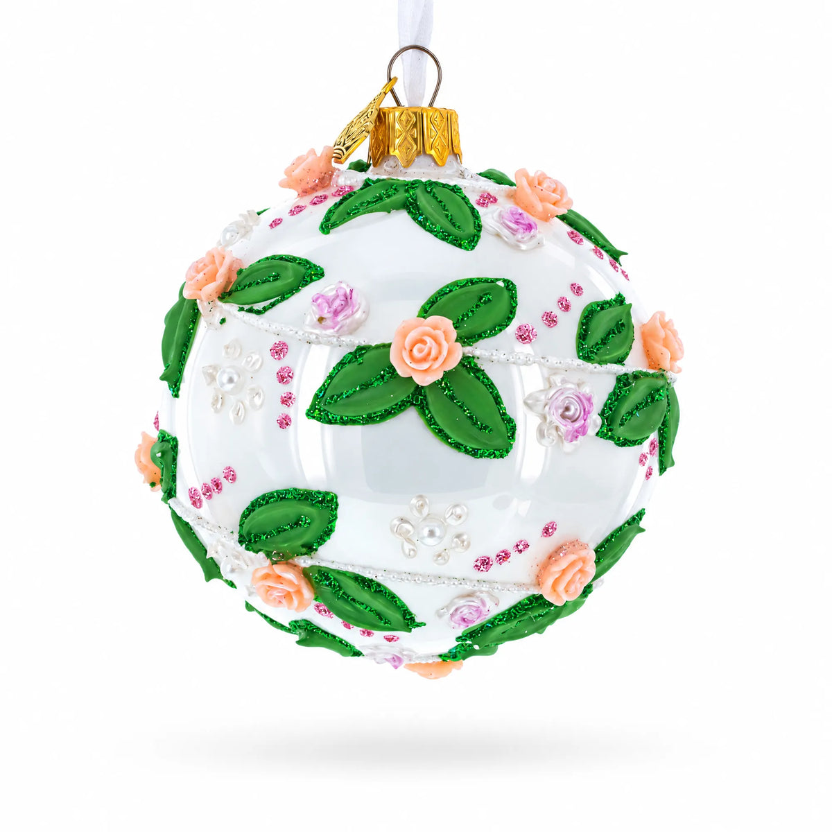 3D Roses in Silver Spiral Glass Ball Christmas Ornament 3.25 Inches