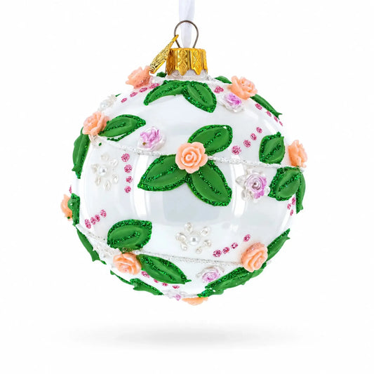 3D Roses in Silver Spiral Glass Ball Christmas Ornament 3.25 Inches BestPysanky Default Title Default Title-