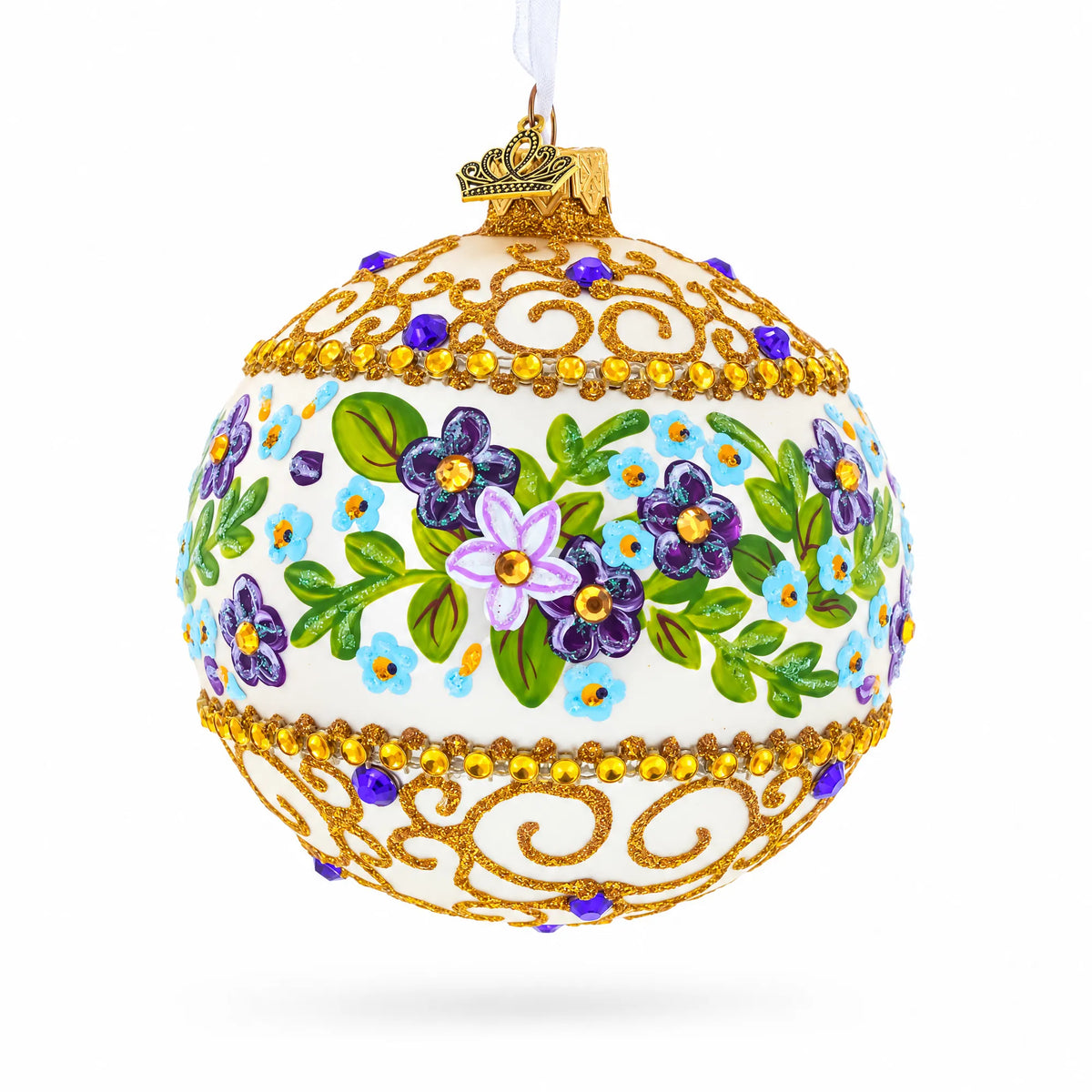 Flowers Swirl Glass Ball Christmas Ornament 4 Inches