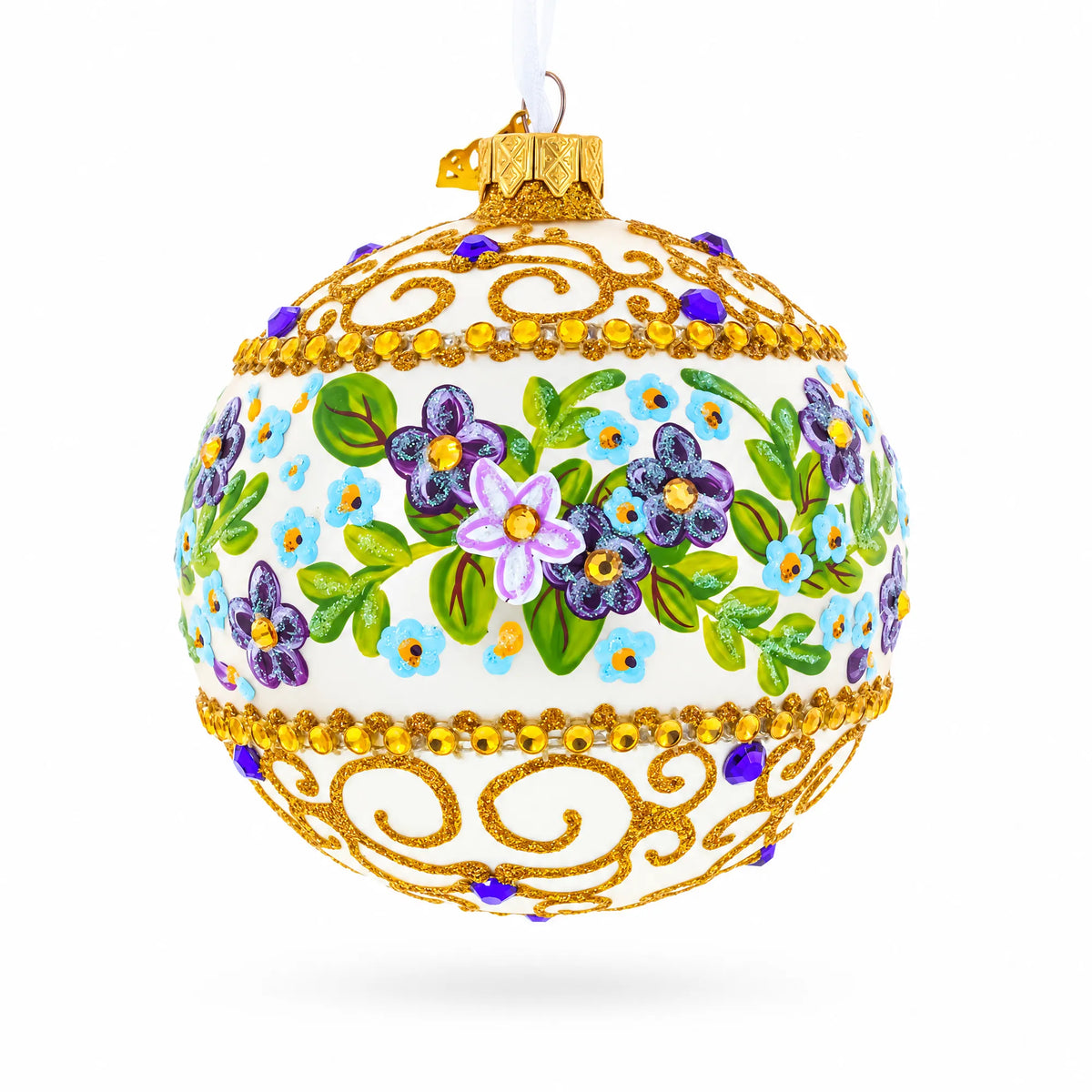 Flowers Swirl Glass Ball Christmas Ornament 4 Inches