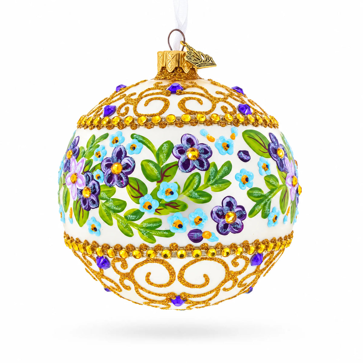 Flowers Swirl Glass Ball Christmas Ornament 4 Inches