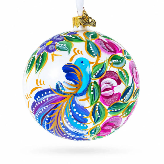 Blue Bird on White Glass Ball Christmas Ornament 4 Inches BestPysanky Default Title Default Title-