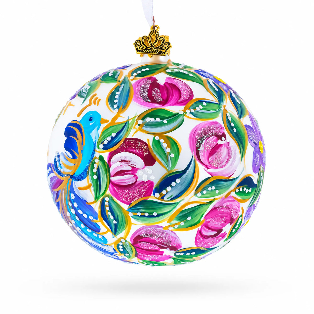 Blue Bird on White Glass Ball Christmas Ornament 4 Inches