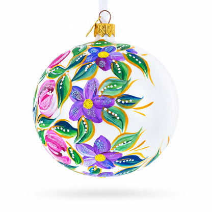 Blue Bird on White Glass Ball Christmas Ornament 4 Inches