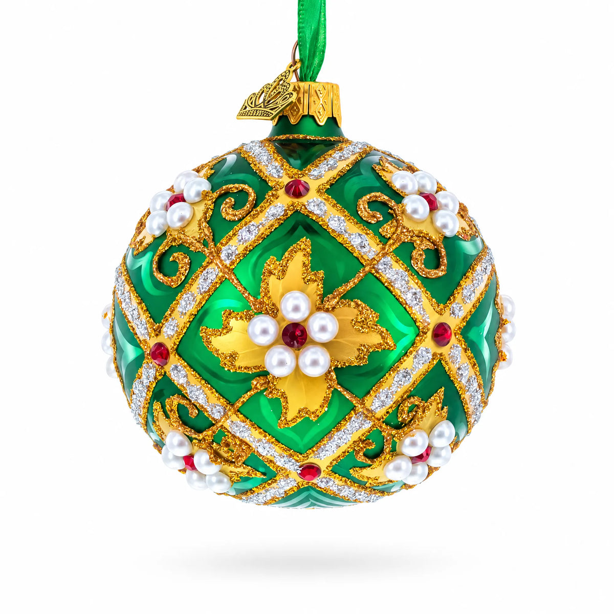 Jewels on Green Glass Ball Christmas Ornament 3.25 Inches