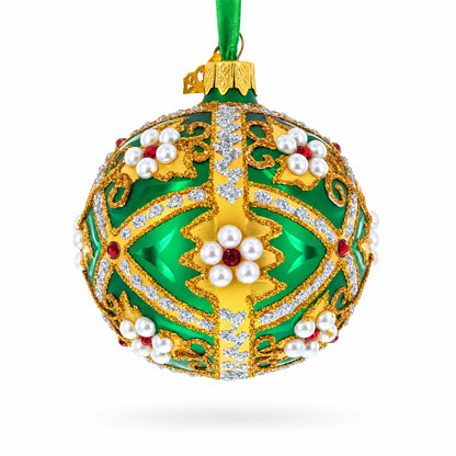 Jewels on Green Glass Ball Christmas Ornament 3.25 Inches