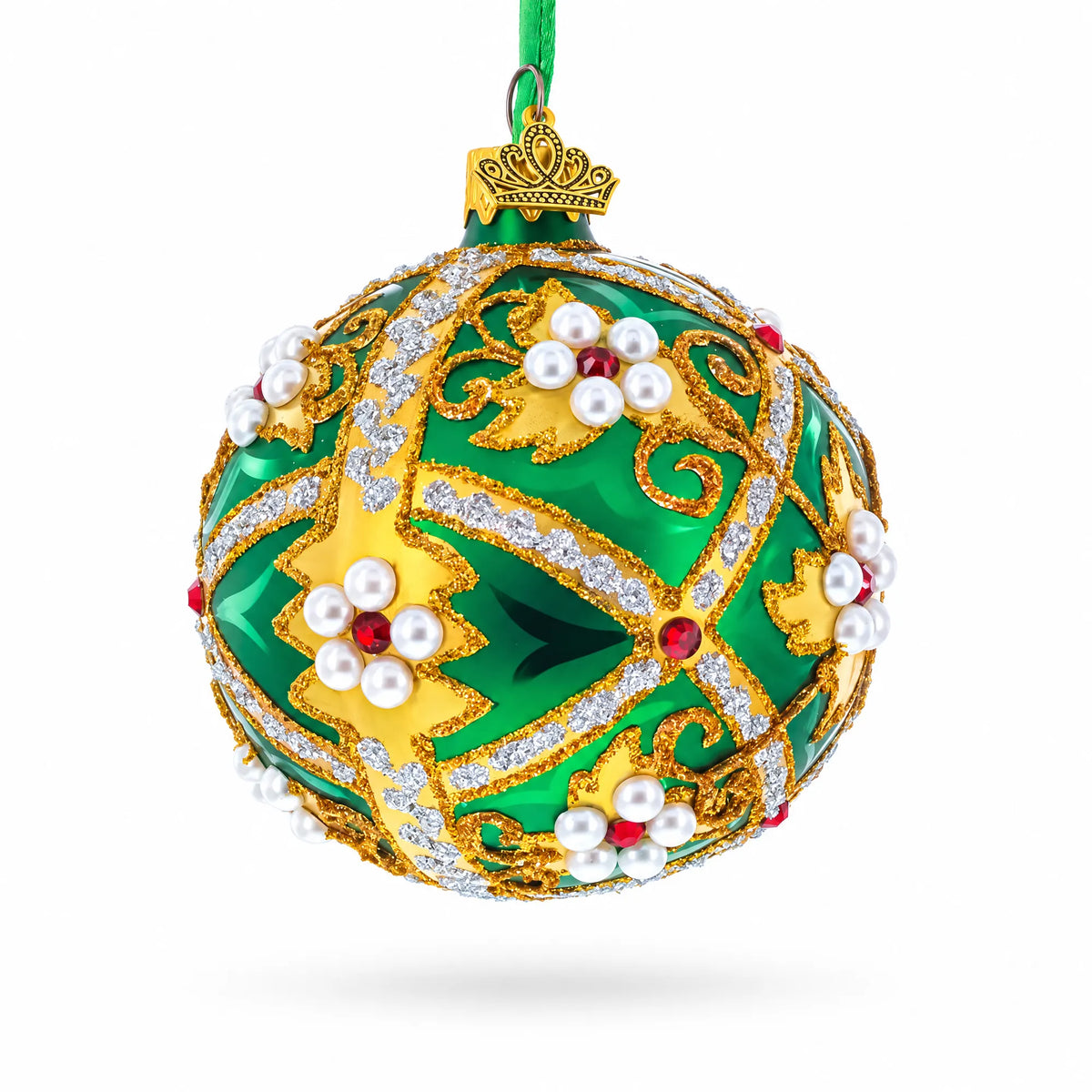 Jewels on Green Glass Ball Christmas Ornament 3.25 Inches