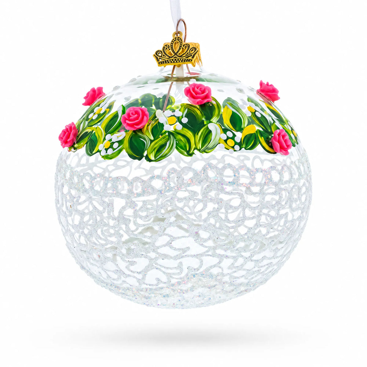 Dimensional Pink Roses Glass Ball Christmas Ornament 4 Inches