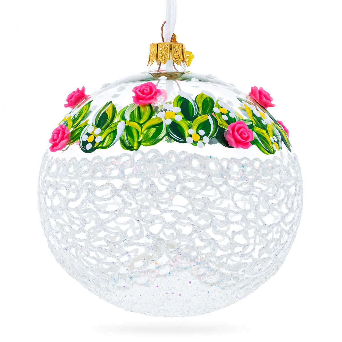 Dimensional Pink Roses Glass Ball Christmas Ornament 4 Inches