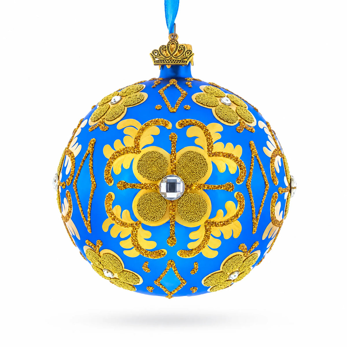 Jeweled Golden Leaves on Blue Glass  Ball Christmas Ornament 4 Inches