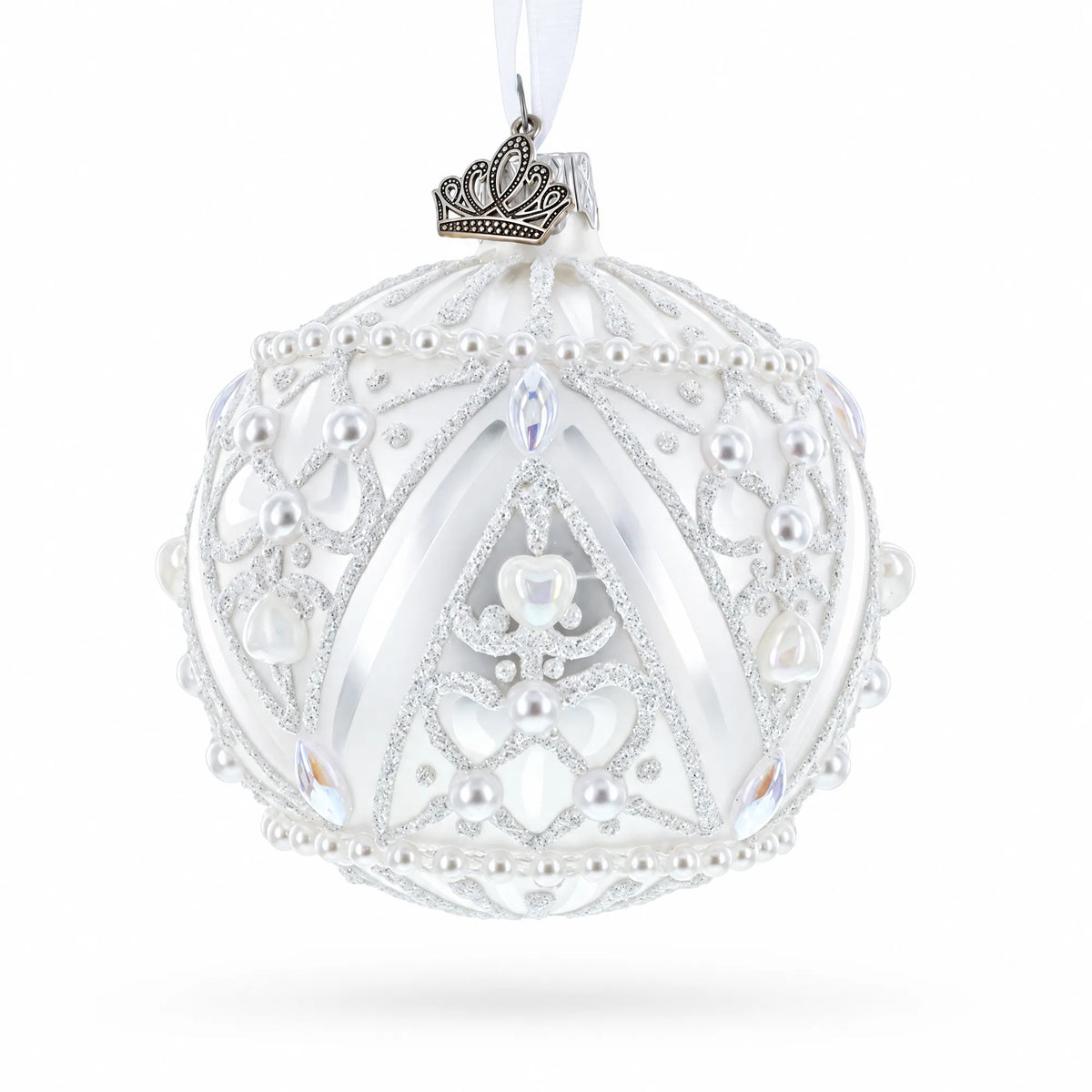 Dimensional Pearl Drops on White Ball Glass Christmas Ornament 3.25 Inches