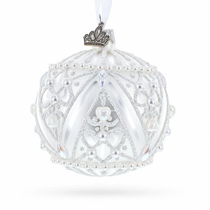 Dimensional Pearl Drops on White Ball Glass Christmas Ornament 3.25 Inches