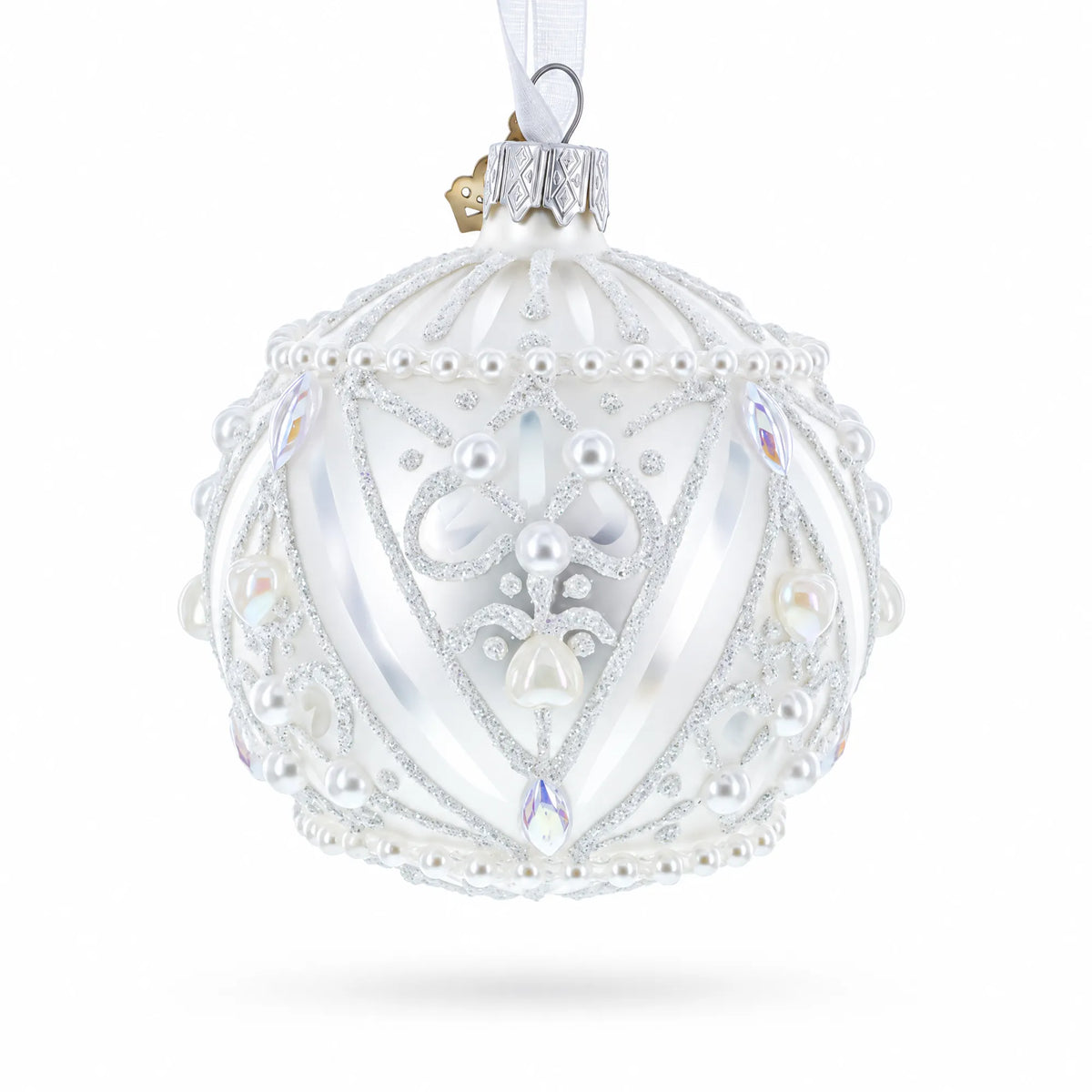 Dimensional Pearl Drops on White Ball Glass Christmas Ornament 3.25 Inches
