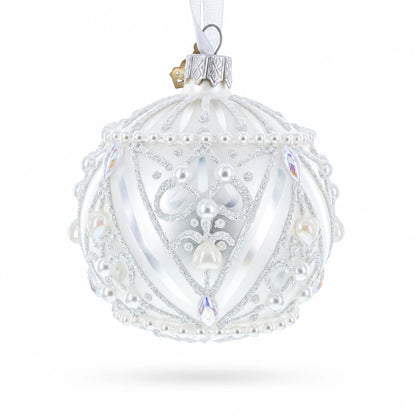 Dimensional Pearl Drops on White Ball Glass Christmas Ornament 3.25 Inches