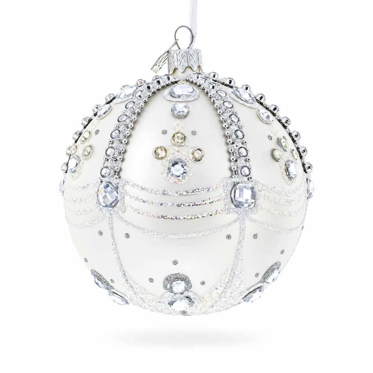 White Jewels on Silver Glass Ball Christmas Ornament 4 Inches