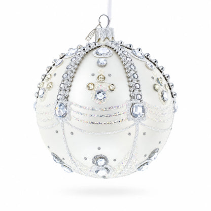 White Jewels on Silver Glass Ball Christmas Ornament 4 Inches