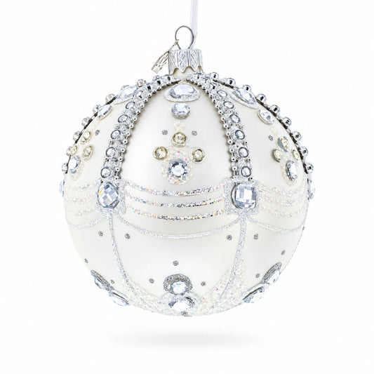 White Jewels on Silver Glass Ball Christmas Ornament 4 Inches BestPysanky Default Title Default Title-