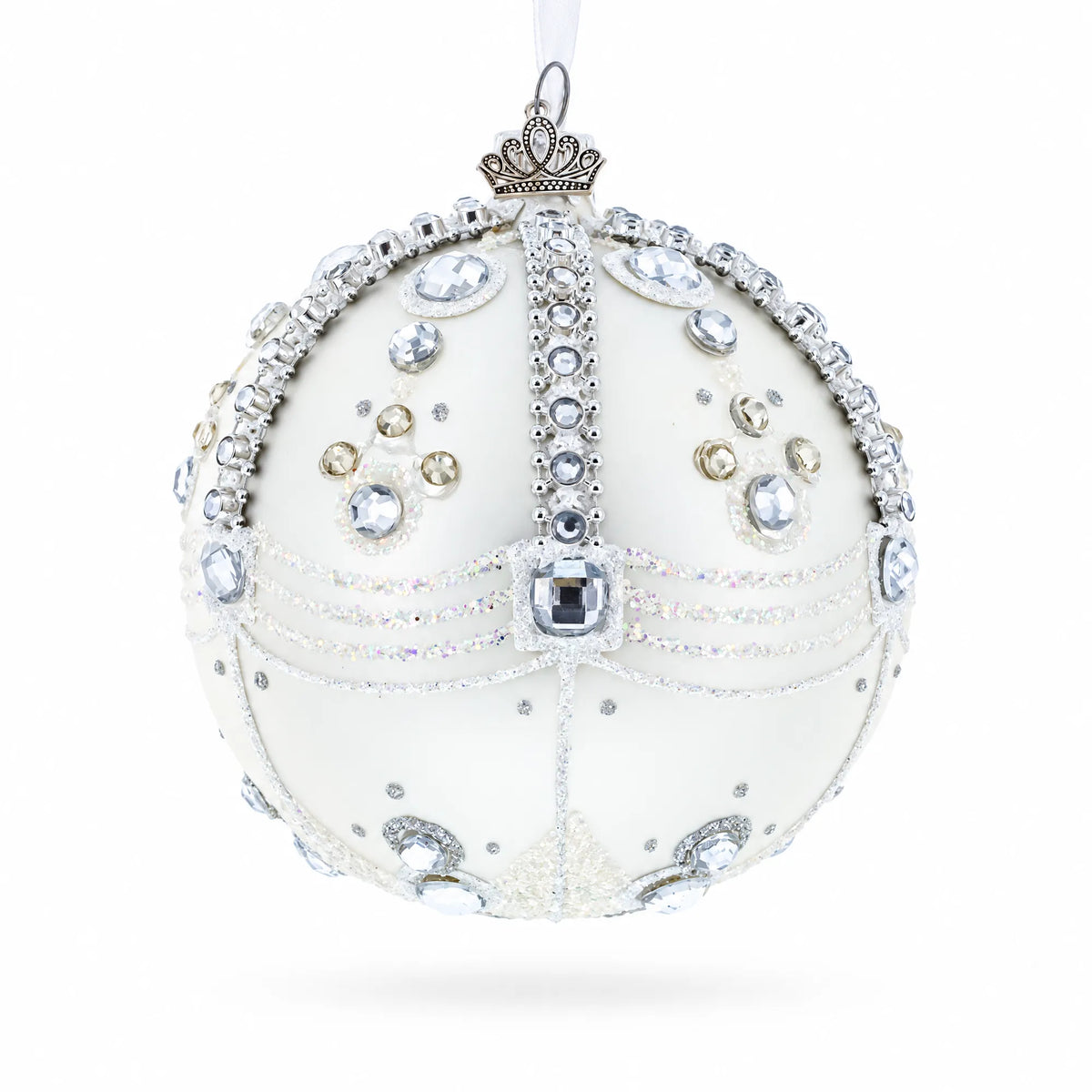 White Jewels on Silver Glass Ball Christmas Ornament 4 Inches