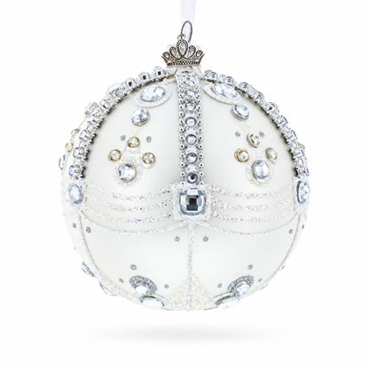White Jewels on Silver Glass Ball Christmas Ornament 4 Inches
