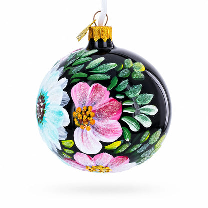 Pink and White Floral Blossoms Glass Ball Christmas Ornament 3.25 Inches