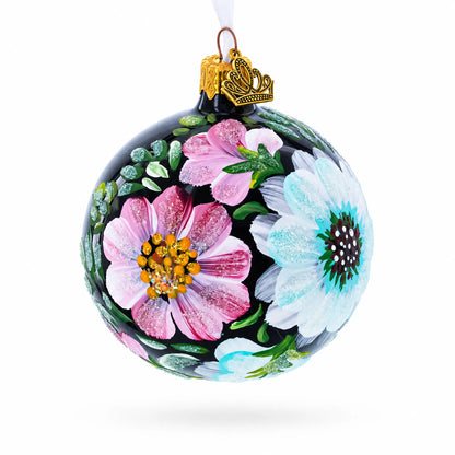 Pink and White Floral Blossoms Glass Ball Christmas Ornament 3.25 Inches