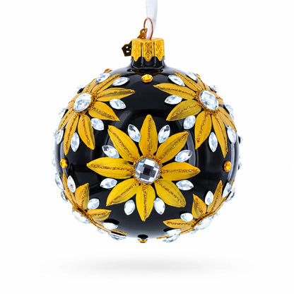 Golden Glitter Sunflower with Crystal Embellishments Glass Ball Christmas Ornament 3.25 Inches