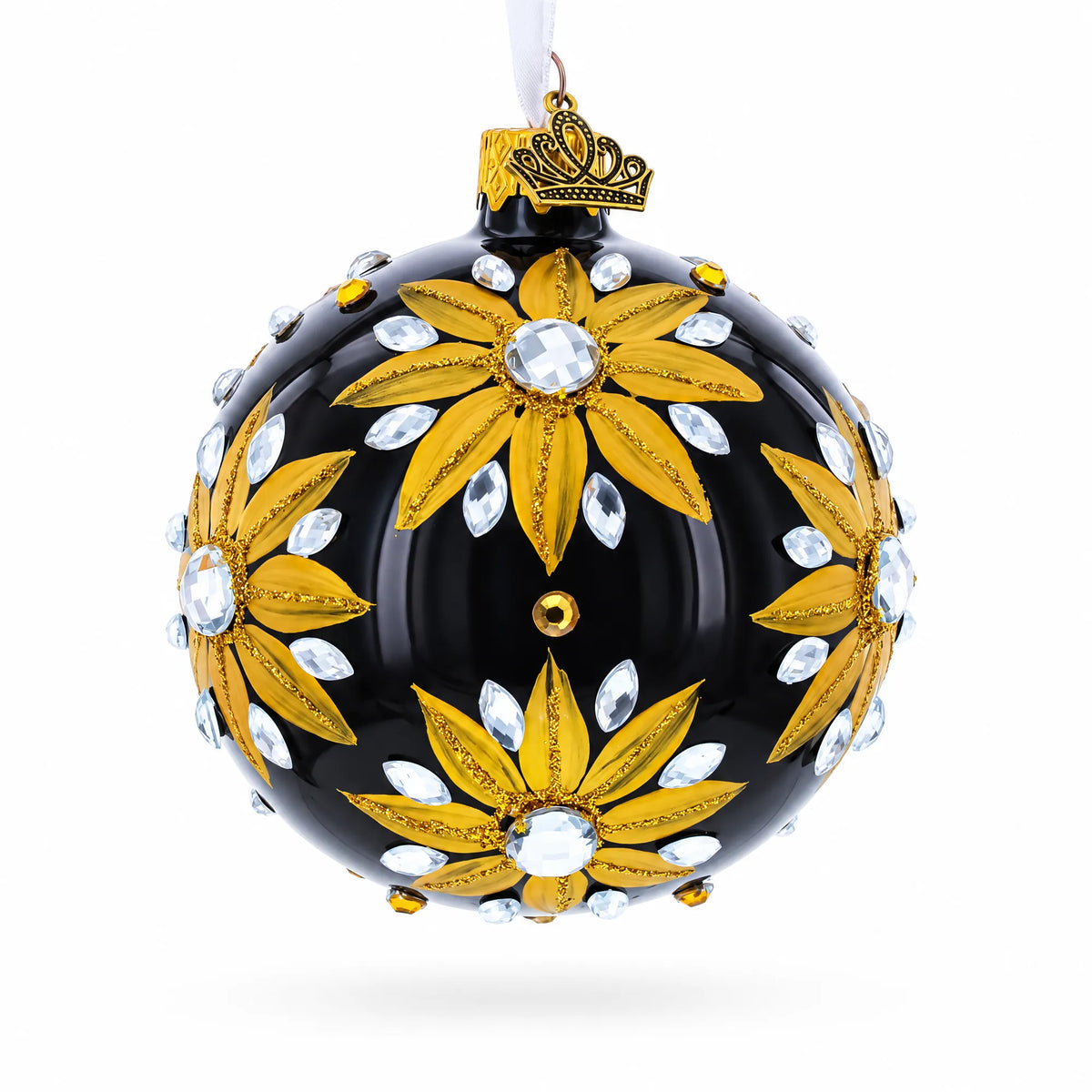 Golden Glitter Sunflower with Crystal Embellishments Glass Ball Christmas Ornament 3.25 Inches