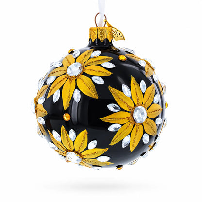 Golden Glitter Sunflower with Crystal Embellishments Glass Ball Christmas Ornament 3.25 Inches