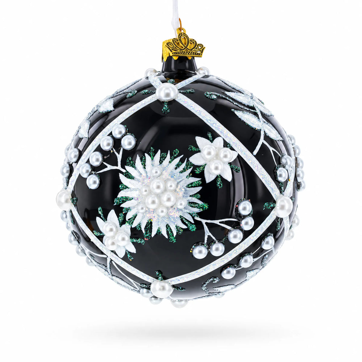 Pearl-Encrusted White Floral Design on Black Glass Ball Christmas Ornament 4 Inches