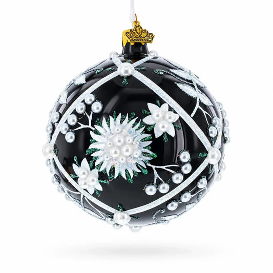 Pearl-Encrusted White Floral Design on Black Glass Ball Christmas Ornament 4 Inches BestPysanky Default Title Default Title-