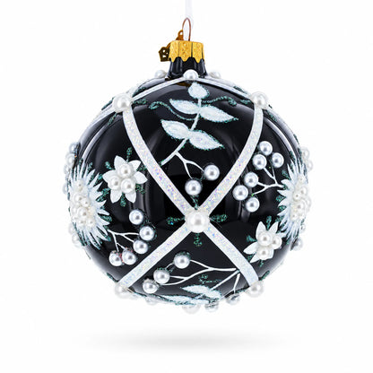 Pearl-Encrusted White Floral Design on Black Glass Ball Christmas Ornament 4 Inches