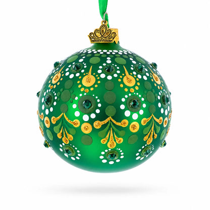 Emerald Green with Golden Accents and Crystals Glass Ball Christmas Ornament 3.25 Inches