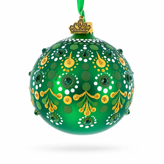 Emerald Green with Golden Accents and Crystals Glass Ball Christmas Ornament 3.25 Inches BestPysanky Default Title Default Title-