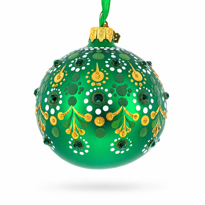 Emerald Green with Golden Accents and Crystals Glass Ball Christmas Ornament 3.25 Inches