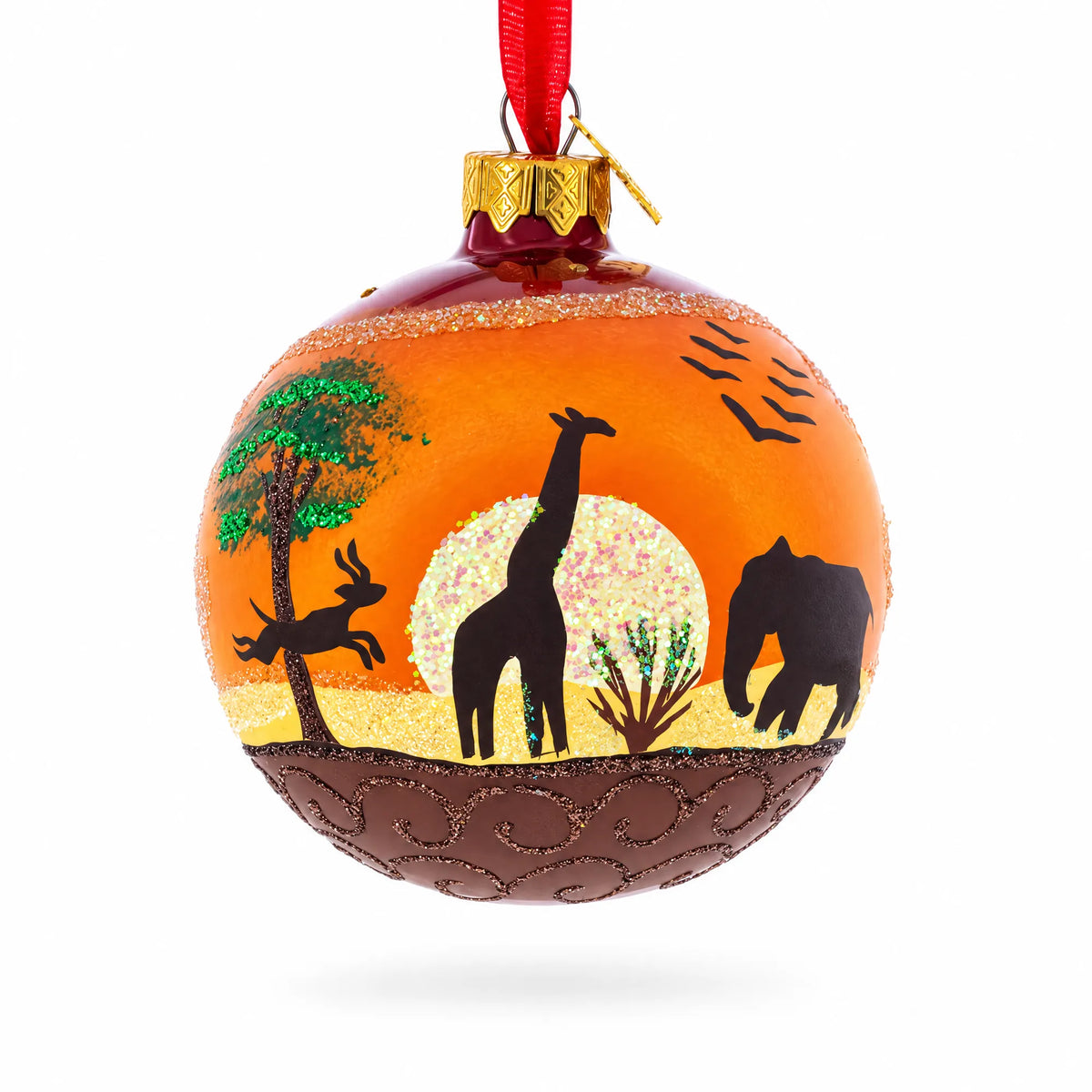 African Sunset with Giraffe and Tree Glass Ball Christmas Ornament 3.25 Inches