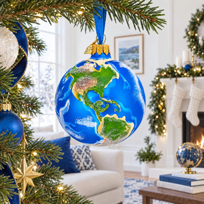 Planet Earth Globe Glass Ball Christmas Ornament 3.25 Inches