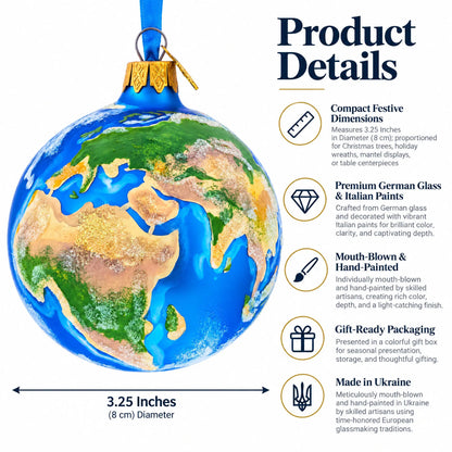 Planet Earth Globe Glass Ball Christmas Ornament 3.25 Inches