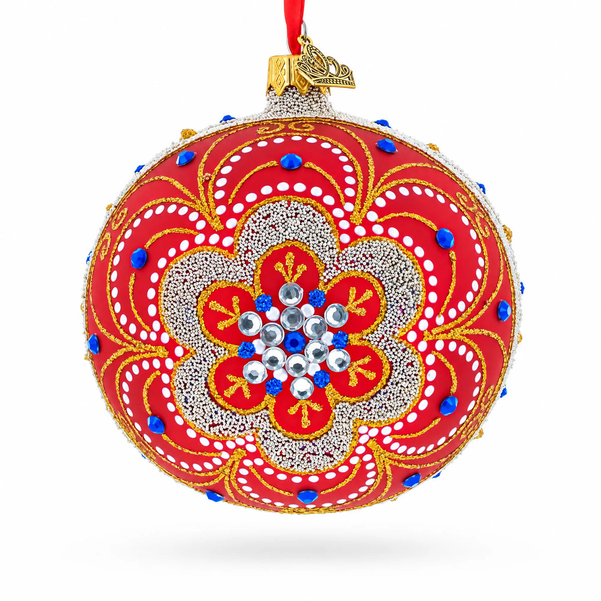 Baroque Filigree with Gemstones on Red Glass Ball Christmas Ornament 4 Inches
