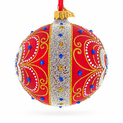 Baroque Filigree with Gemstones on Red Glass Ball Christmas Ornament 4 Inches