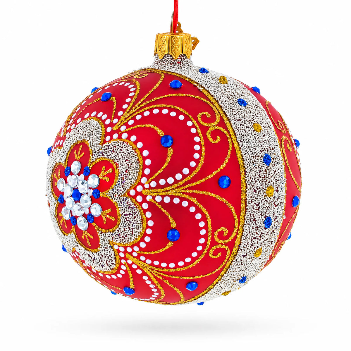 Baroque Filigree with Gemstones on Red Glass Ball Christmas Ornament 4 Inches