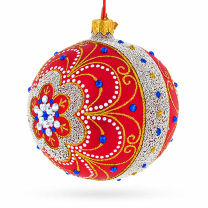Baroque Filigree with Gemstones on Red Glass Ball Christmas Ornament 4 Inches