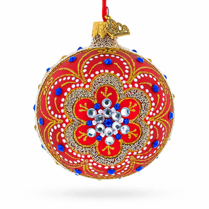 Baroque Filigree with Gemstones on Red Glass Ball Christmas Ornament 3.25 Inches